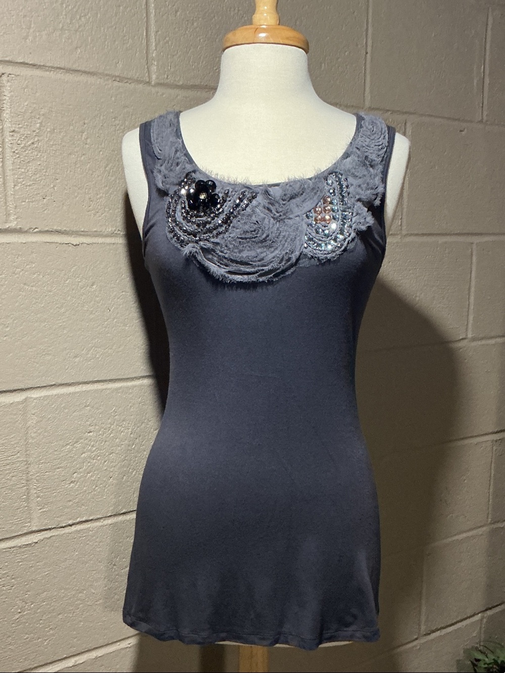 Studio Y Slate Blue Embellished Scoop Neck Tank